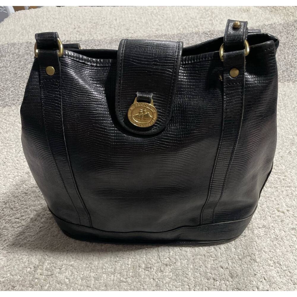 Brahmin Vintage Shoulder Bag Black Leather Bucket Purse Gold Hardware
